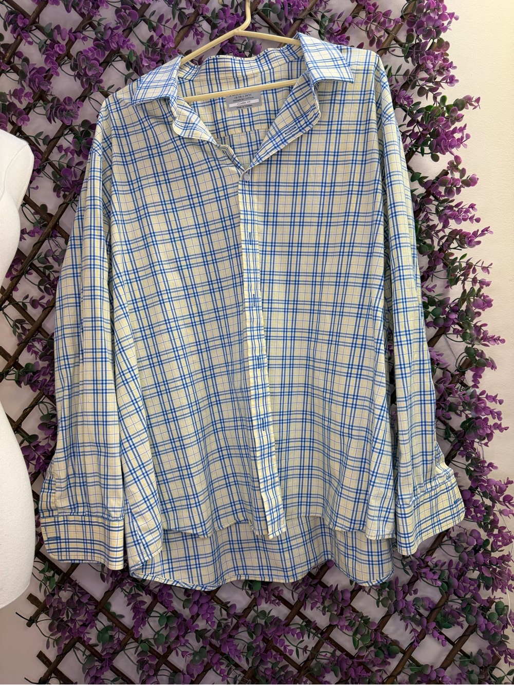 Haggar Cream and Blue Plaid Button-Down Shirt